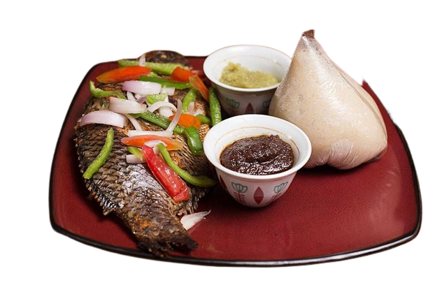 Grilled whole Tilapia with Banku
